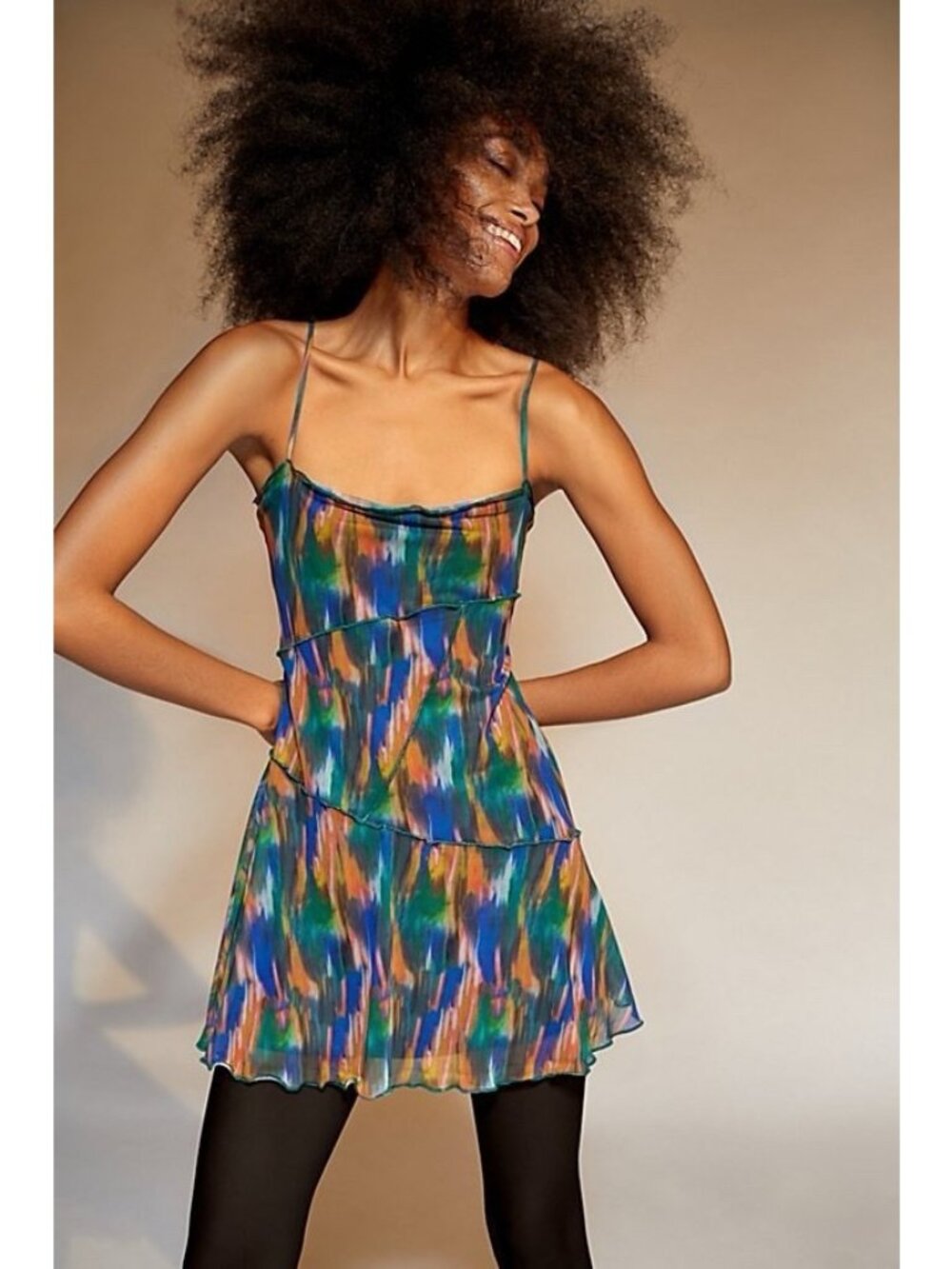 URBAN OUTFITTERS Women’s Dress Green Multi Mesh Mini Moxie Abstract Slip Size XS